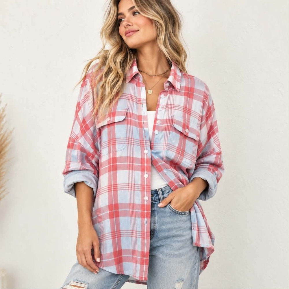 American Eagle Shirt Womens XL Red Blue Plaid Button Down Oversized Flannel